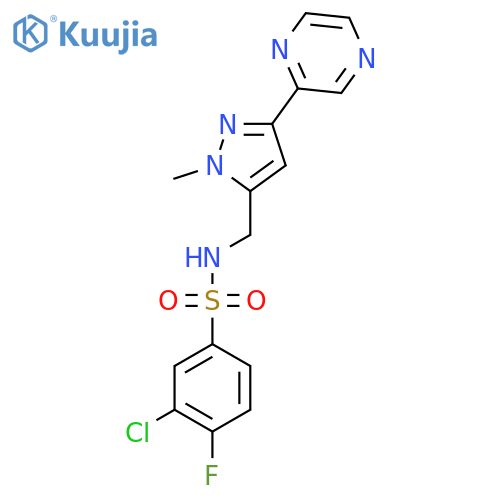 3-chloro-4-fluoro-N-{1-methyl-3-(pyrazin-2-yl)-1H-pyrazol-5-ylmethyl}benzene-1-sulfonamide structure