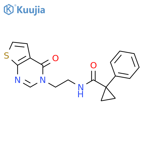 N-(2-{4-oxo-3H,4H-thieno[2,3-d]pyrimidin-3-yl}ethyl)-1-phenylcyclopropane-1-carboxamide structure