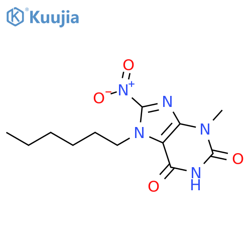 7-hexyl-3-methyl-8-nitro-2,3,6,7-tetrahydro-1H-purine-2,6-dione structure