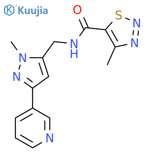 4-methyl-N-{1-methyl-3-(pyridin-3-yl)-1H-pyrazol-5-ylmethyl}-1,2,3-thiadiazole-5-carboxamide structure