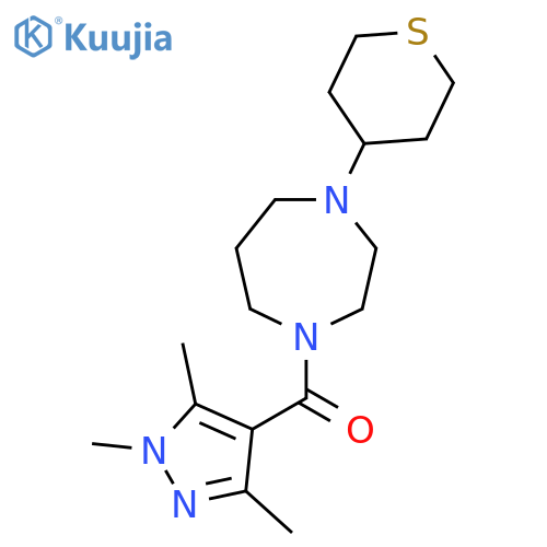 1-(thian-4-yl)-4-(1,3,5-trimethyl-1H-pyrazole-4-carbonyl)-1,4-diazepane structure