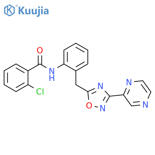 2-chloro-N-(2-{[3-(pyrazin-2-yl)-1,2,4-oxadiazol-5-yl]methyl}phenyl)benzamide structure