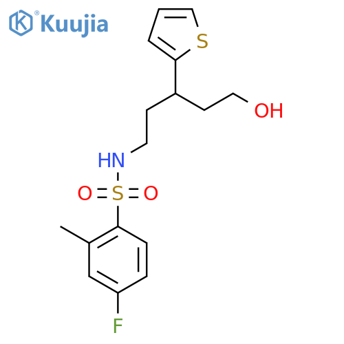 4-fluoro-N-[5-hydroxy-3-(thiophen-2-yl)pentyl]-2-methylbenzene-1-sulfonamide structure
