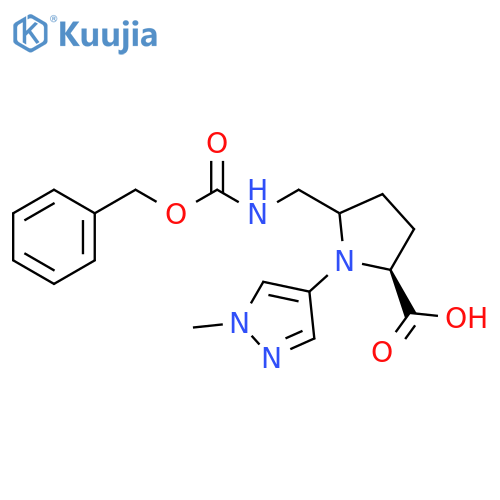 5-({(benzyloxy)carbonylamino}methyl)-1-(1-methyl-1H-pyrazol-4-yl)pyrrolidine-2-carboxylic acid structure