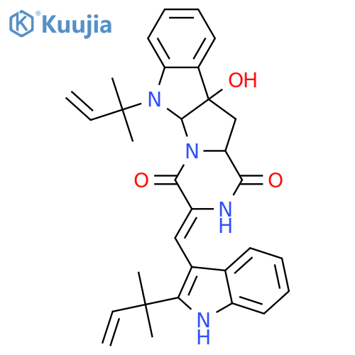 2H-Pyrazino[1',2':1,5]pyrrolo[2,3-b]indole-1,4(3H,5aH)-dione,6-(1,1-dimethyl-2-propen-1-yl)-3-[[2-(1,1-dimethyl-2-propen-1-yl)-1H-indol-3-yl]methylene]-6,10b,11,11a-tetrahydro-10b-hydroxy-,(3Z,5aS,10bR,11aR)- structure