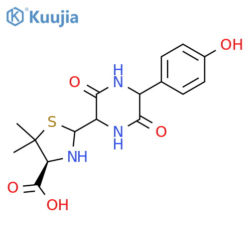 (4S)-2-(5-(4-hydroxyphenyl)-3,6-dioxopiperazin-2-yl)-5,5-dimethylthiazolidine-4-carboxylic acid structure