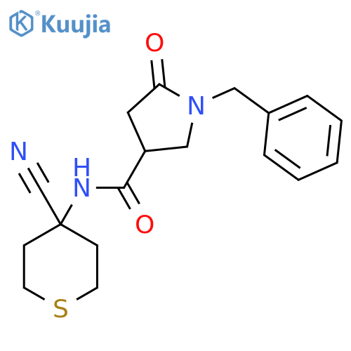 1-benzyl-N-(4-cyanothian-4-yl)-5-oxopyrrolidine-3-carboxamide structure