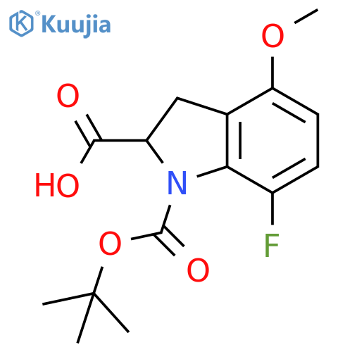 1-[(tert-butoxy)carbonyl]-7-fluoro-4-methoxy-2,3-dihydro-1H-indole-2-carboxylic acid structure