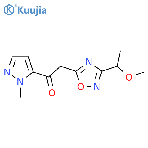 2-3-(1-methoxyethyl)-1,2,4-oxadiazol-5-yl-1-(1-methyl-1H-pyrazol-5-yl)ethan-1-one structure