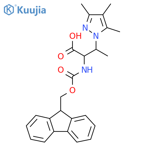 2-({(9H-fluoren-9-yl)methoxycarbonyl}amino)-3-(trimethyl-1H-pyrazol-1-yl)butanoic acid structure