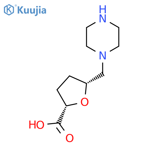 rac-(2R,5S)-5-[(piperazin-1-yl)methyl]oxolane-2-carboxylic acid structure