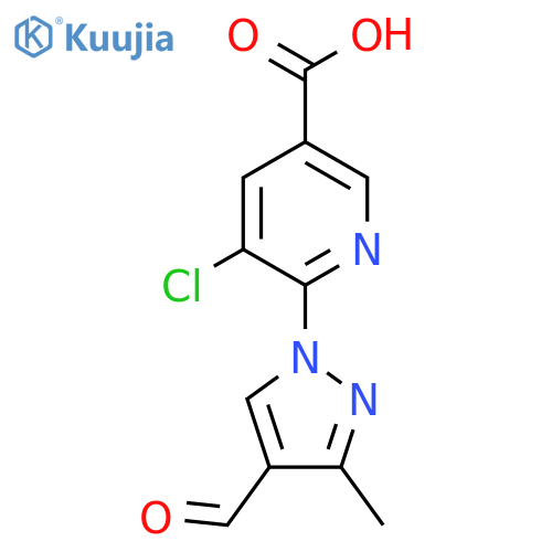 5-chloro-6-(4-formyl-3-methyl-1H-pyrazol-1-yl)pyridine-3-carboxylic acid structure