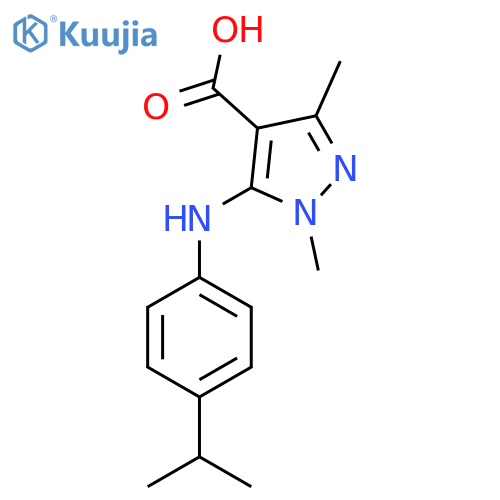 1,3-dimethyl-5-{[4-(propan-2-yl)phenyl]amino}-1H-pyrazole-4-carboxylic acid structure