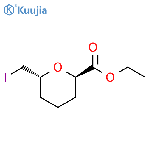 rac-ethyl (2R,6R)-6-(iodomethyl)oxane-2-carboxylate, trans structure
