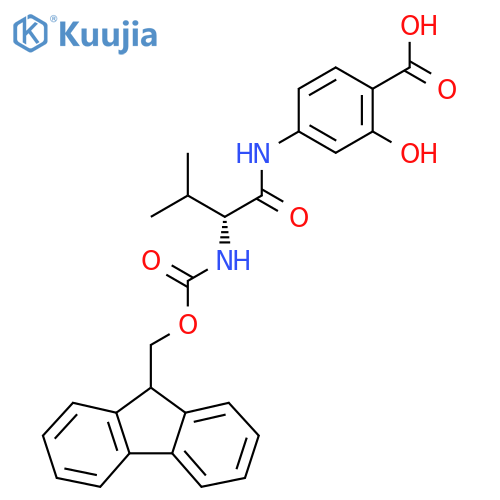 4-(2R)-2-({(9H-fluoren-9-yl)methoxycarbonyl}amino)-3-methylbutanamido-2-hydroxybenzoic acid structure