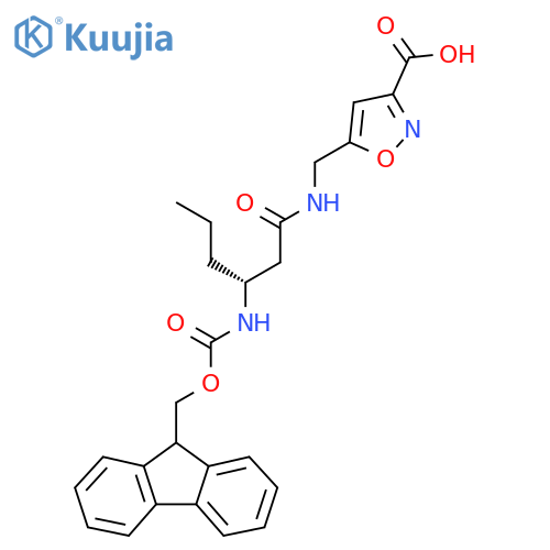 5-{(3R)-3-({(9H-fluoren-9-yl)methoxycarbonyl}amino)hexanamidomethyl}-1,2-oxazole-3-carboxylic acid structure