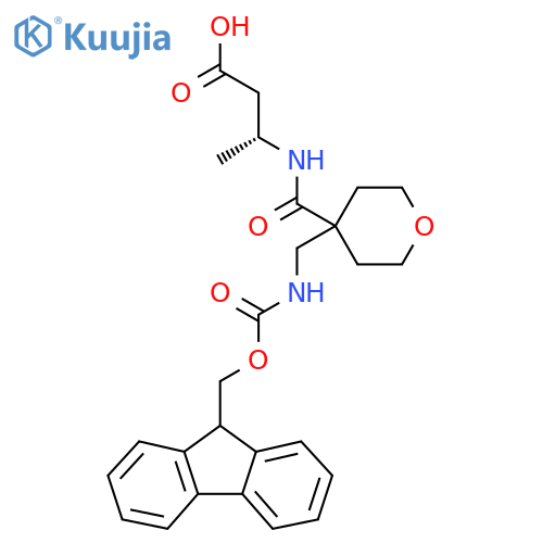 (3R)-3-({4-({(9H-fluoren-9-yl)methoxycarbonyl}amino)methyloxan-4-yl}formamido)butanoic acid structure