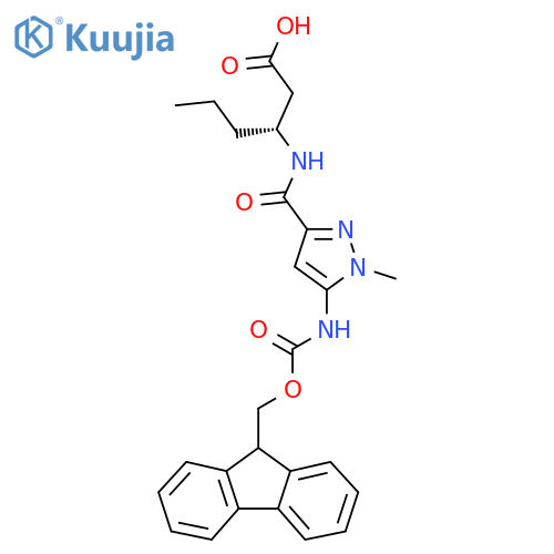 (3R)-3-{5-({(9H-fluoren-9-yl)methoxycarbonyl}amino)-1-methyl-1H-pyrazol-3-ylformamido}hexanoic acid structure