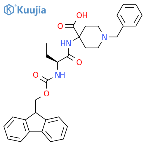 1-benzyl-4-(2S)-2-({(9H-fluoren-9-yl)methoxycarbonyl}amino)butanamidopiperidine-4-carboxylic acid structure