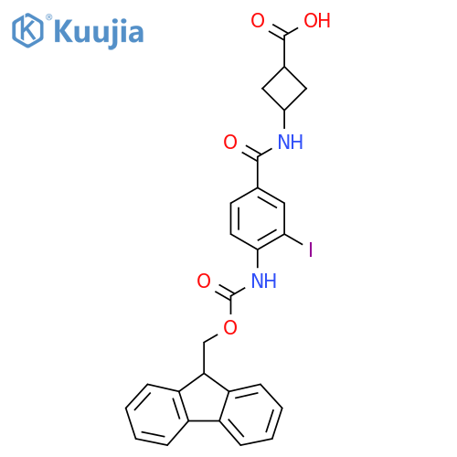 (1r,3r)-3-4-({(9H-fluoren-9-yl)methoxycarbonyl}amino)-3-iodobenzamidocyclobutane-1-carboxylic acid structure