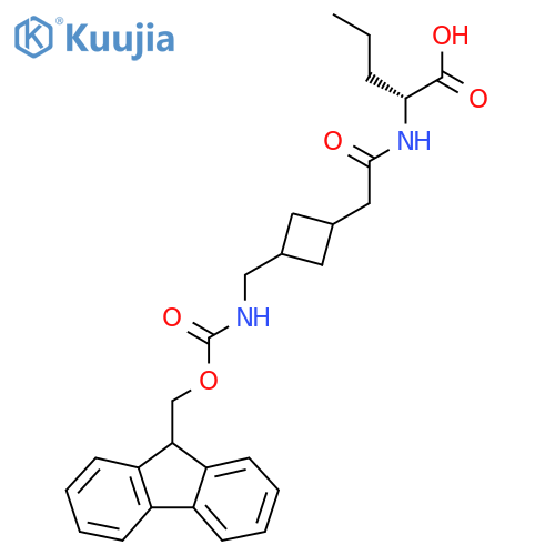(2R)-2-(2-{3-({(9H-fluoren-9-yl)methoxycarbonyl}amino)methylcyclobutyl}acetamido)pentanoic acid structure