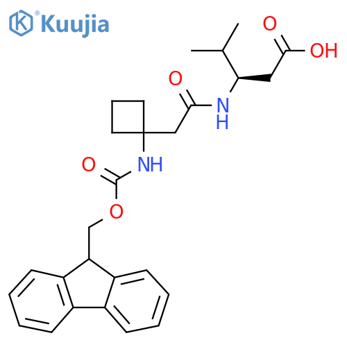 (3R)-3-{2-1-({(9H-fluoren-9-yl)methoxycarbonyl}amino)cyclobutylacetamido}-4-methylpentanoic acid structure