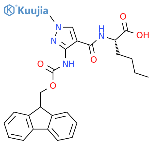 (2S)-2-{3-({(9H-fluoren-9-yl)methoxycarbonyl}amino)-1-methyl-1H-pyrazol-4-ylformamido}hexanoic acid structure