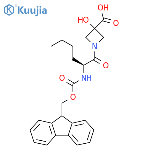1-(2S)-2-({(9H-fluoren-9-yl)methoxycarbonyl}amino)hexanoyl-3-hydroxyazetidine-3-carboxylic acid structure