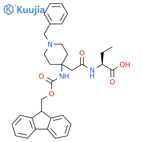 (2S)-2-{2-1-benzyl-4-({(9H-fluoren-9-yl)methoxycarbonyl}amino)piperidin-4-ylacetamido}butanoic acid structure