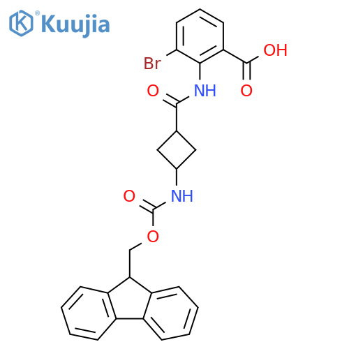 3-bromo-2-(1r,3r)-3-({(9H-fluoren-9-yl)methoxycarbonyl}amino)cyclobutaneamidobenzoic acid structure