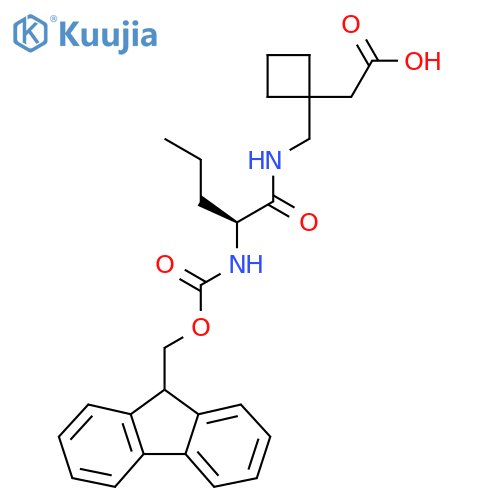2-(1-{(2S)-2-({(9H-fluoren-9-yl)methoxycarbonyl}amino)pentanamidomethyl}cyclobutyl)acetic acid structure