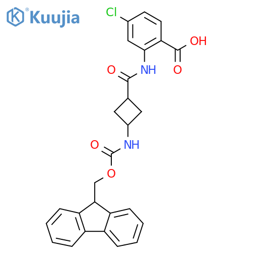4-chloro-2-(1s,3s)-3-({(9H-fluoren-9-yl)methoxycarbonyl}amino)cyclobutaneamidobenzoic acid structure