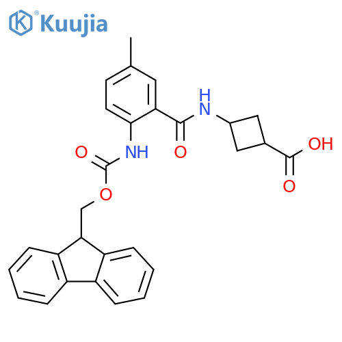 (1s,3s)-3-2-({(9H-fluoren-9-yl)methoxycarbonyl}amino)-5-methylbenzamidocyclobutane-1-carboxylic acid structure