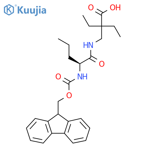 2-ethyl-2-{(2S)-2-({(9H-fluoren-9-yl)methoxycarbonyl}amino)pentanamidomethyl}butanoic acid structure