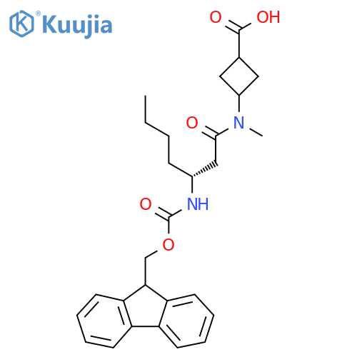 3-(3R)-3-({(9H-fluoren-9-yl)methoxycarbonyl}amino)-N-methylheptanamidocyclobutane-1-carboxylic acid structure
