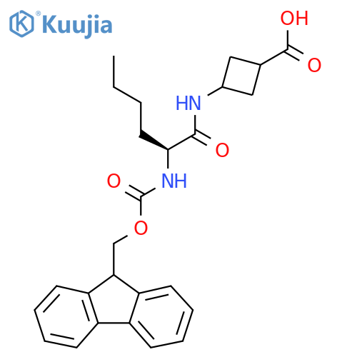 3-(2S)-2-({(9H-fluoren-9-yl)methoxycarbonyl}amino)hexanamidocyclobutane-1-carboxylic acid structure