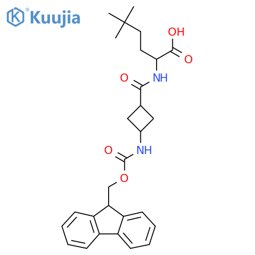 5,5-dimethyl-2-{(1s,3s)-3-({(9H-fluoren-9-yl)methoxycarbonyl}amino)cyclobutylformamido}hexanoic acid structure