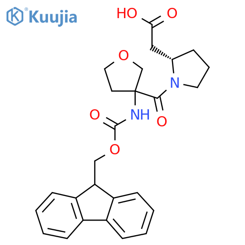 2-(2S)-1-3-({(9H-fluoren-9-yl)methoxycarbonyl}amino)oxolane-3-carbonylpyrrolidin-2-ylacetic acid structure