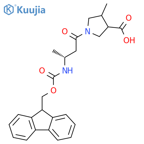 1-(3R)-3-({(9H-fluoren-9-yl)methoxycarbonyl}amino)butanoyl-4-methylpyrrolidine-3-carboxylic acid structure