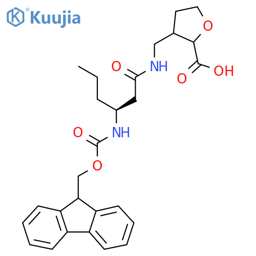 3-{(3S)-3-({(9H-fluoren-9-yl)methoxycarbonyl}amino)hexanamidomethyl}oxolane-2-carboxylic acid structure