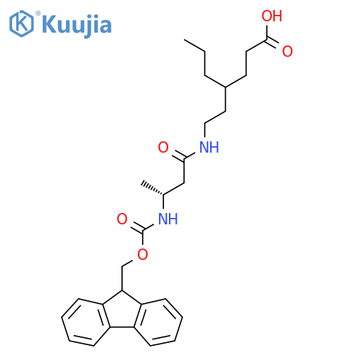 4-{2-(3R)-3-({(9H-fluoren-9-yl)methoxycarbonyl}amino)butanamidoethyl}heptanoic acid structure