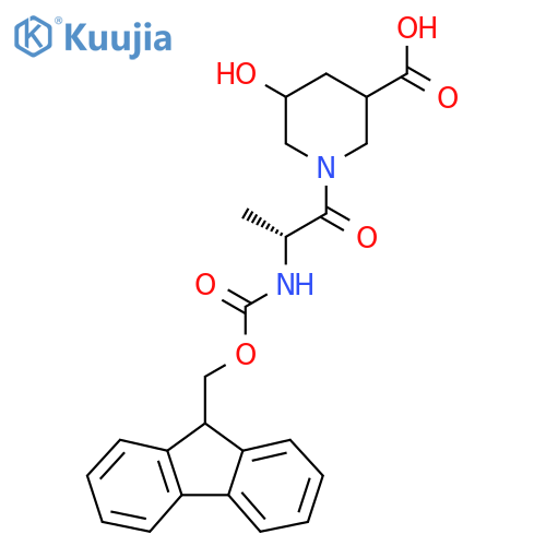 1-(2R)-2-({(9H-fluoren-9-yl)methoxycarbonyl}amino)propanoyl-5-hydroxypiperidine-3-carboxylic acid structure