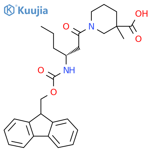 1-(3R)-3-({(9H-fluoren-9-yl)methoxycarbonyl}amino)hexanoyl-3-methylpiperidine-3-carboxylic acid structure