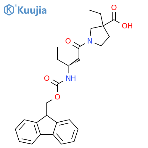 3-ethyl-1-(3R)-3-({(9H-fluoren-9-yl)methoxycarbonyl}amino)pentanoylpyrrolidine-3-carboxylic acid structure