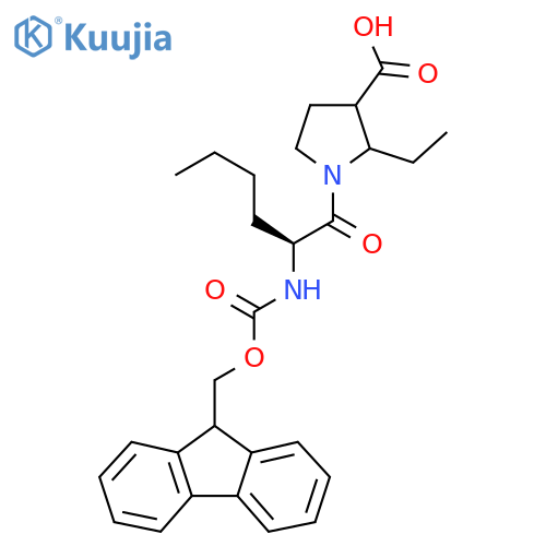 2-ethyl-1-(2S)-2-({(9H-fluoren-9-yl)methoxycarbonyl}amino)hexanoylpyrrolidine-3-carboxylic acid structure
