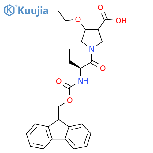 4-ethoxy-1-(2S)-2-({(9H-fluoren-9-yl)methoxycarbonyl}amino)butanoylpyrrolidine-3-carboxylic acid structure