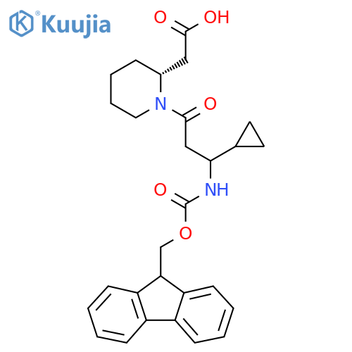 2-(2R)-1-3-cyclopropyl-3-({(9H-fluoren-9-yl)methoxycarbonyl}amino)propanoylpiperidin-2-ylacetic acid structure