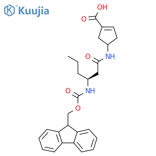 4-(3S)-3-({(9H-fluoren-9-yl)methoxycarbonyl}amino)hexanamidocyclopent-1-ene-1-carboxylic acid structure