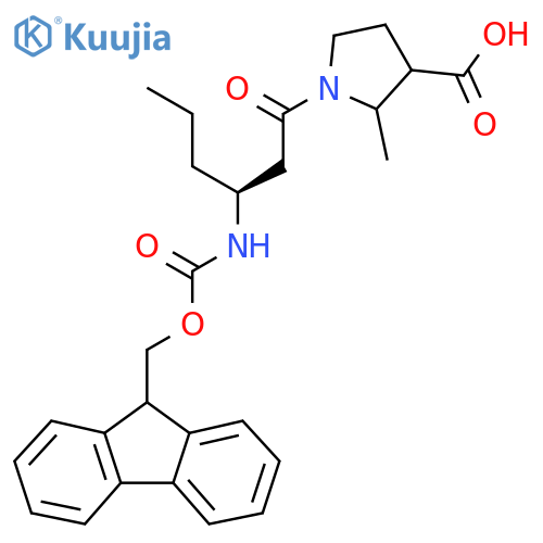 1-(3S)-3-({(9H-fluoren-9-yl)methoxycarbonyl}amino)hexanoyl-2-methylpyrrolidine-3-carboxylic acid structure