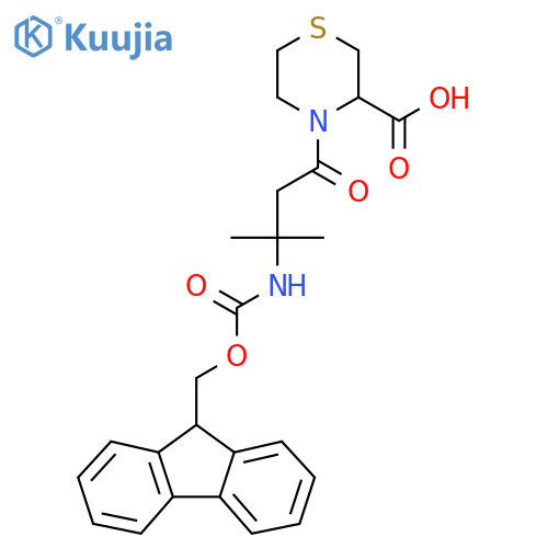 4-3-({(9H-fluoren-9-yl)methoxycarbonyl}amino)-3-methylbutanoylthiomorpholine-3-carboxylic acid structure